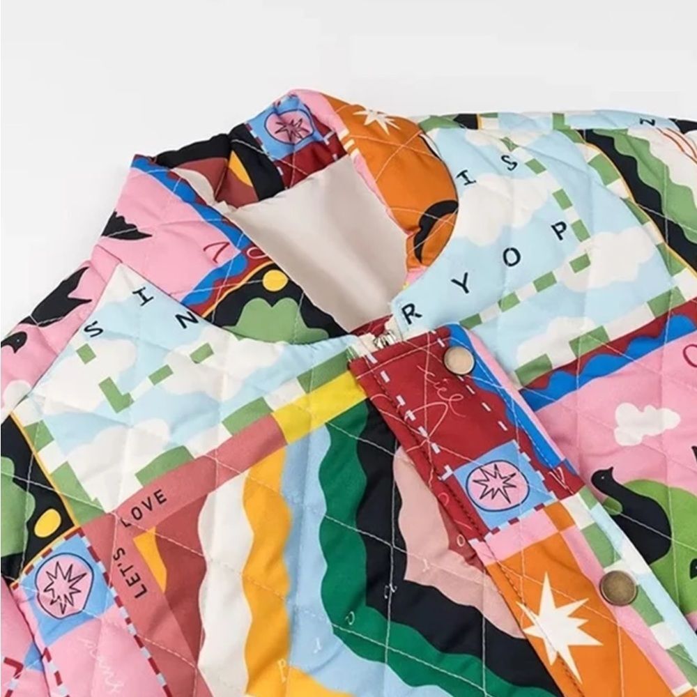 Bohemian Printed Y2K Quilted Patchwork Women's Puffer Jacket M - Picture 4 of 6